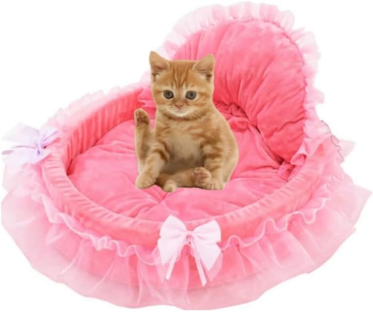 Cute Cat Bed Heart-Shaped Cat Nest Lace Lace Princess Nest Cotton Velvet Warm Soft Cat Sofa Bed Suitable for Cats and Dogs to Spend The Warm Winter (L,Pink)