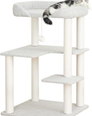 Cat Tree Tower Wooden 37.4''(95 cm), Large Cat Tree with Jump Platform & Play Ball for Indoor Cats, Ideal Cat's Climbing Frame & Playhouse (Linen Fabric Light Grey)