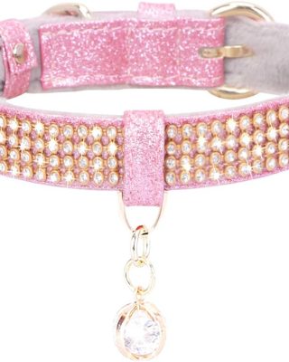 Cat Collar, Dog Collar, [Bling Rhinestones] Premium PU Leather with Pendant Adjustable Collars for Big Cat and Small to Medium Dog Small Pink