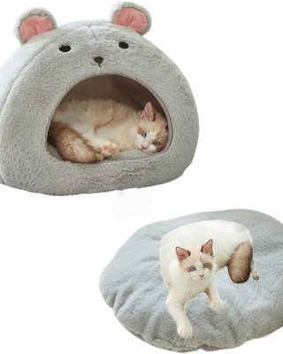 Cat Beds for Indoor Cats - Hamster-Shaped Cat Cave Bed with a Removable and Washable Cushioned Pillow. A Non-Slip Bottom Warm Cave Sleeping Nest Bed for Puppies and Kittens (Light Gray, S:15×15×12in)