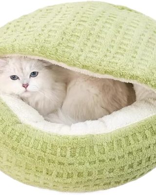 Plush Cat Bed Hooded Semi Enclosed Shell Shaped Pet Nest Cozy Warming Anti-Slip Small Dog Bed for Puppy and Kitten