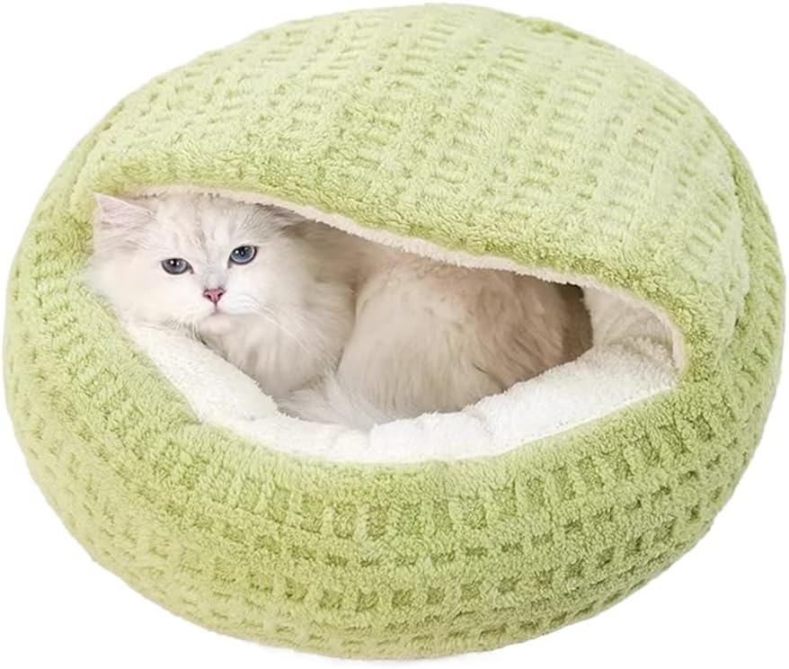 Plush Cat Bed Hooded Semi Enclosed Shell Shaped Pet Nest Cozy Warming Anti-Slip Small Dog Bed for Puppy and Kitten