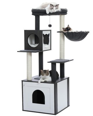 Tall Cat Tree with Litter Box Enclosure 56.7" Wooden Cat Tower for Large Cats with Cat Hammock House Bed (Wood Black)