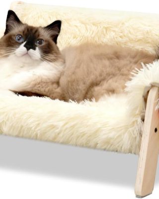 Cat Couch Bed, Pet Sofa for Indoor Cats Wooden Indoor Elevated Cat Beds with Removable Mattress Cover Suitable for Kitty, Puppy or Small Animal (Beige, Medium)