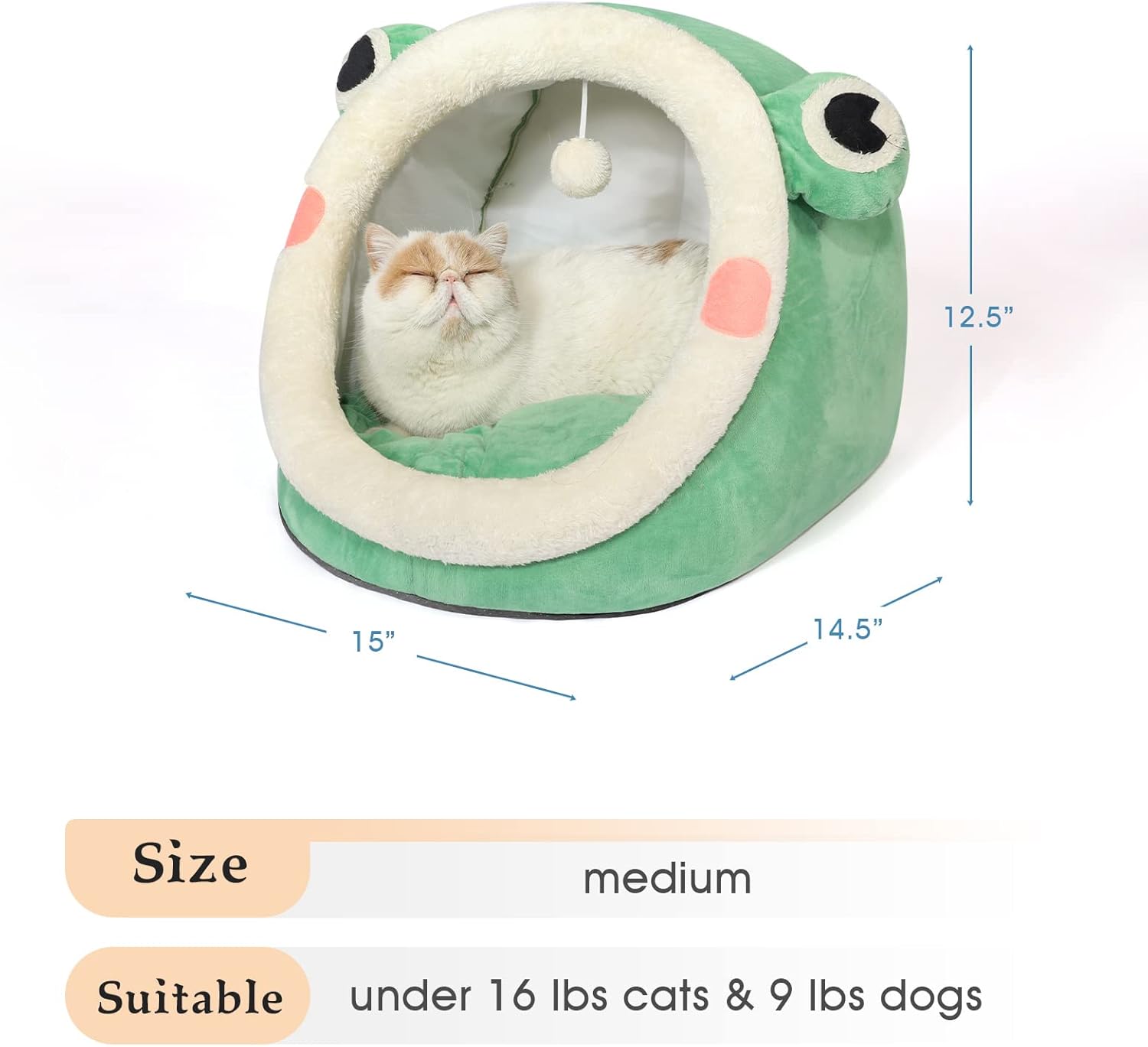 Cute Cat Bed, Indoor Lovely Velvet Igloo for Cat and Small Dog, Warm Cave Sleeping Nest Bed for Puppy and Kitten, Green Frog, M - Image 2