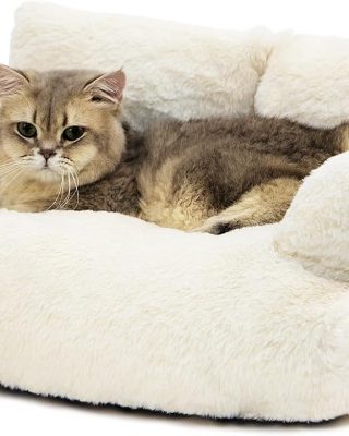 Dog Couch, Washable Cat Couch for Indoor, Calming Cat Couch Pet Sofa Bed Puppy Sleeping Bed with Pillow, Fluffy Cat Bed for Small Cats & Dogs (Large, Beige)