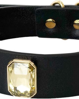 Handmade Black Vegan Leather Dog Collar with Large Crystal Accents for Medium Large Dog, Adjustable Breathable Leather Puppy Collar with Alloy Buckle. Classic Pet Collar. M
