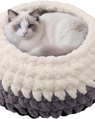 Cat Nest Bed Handwoven Washable Extra Soft Round Cave House Furniture for Indoor Kitten Cloud Black, White&Gray