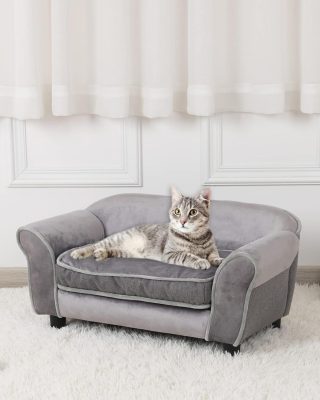 Small Dog Sofa Bed, Velvet Cat Couch with Washable Cushion & Plastic Legs (29 x 16 x 12.7 inches (Gray)