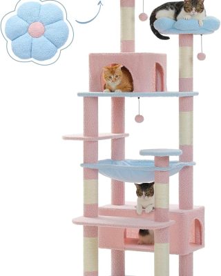 Flower Cat Tree, 72 Inches Large Cat Tower with Steel Frame Hammock and 7 Scratching Posts, Tall Cat Tree with 2 Condos and Perches for Large Indoor Cats - Blue