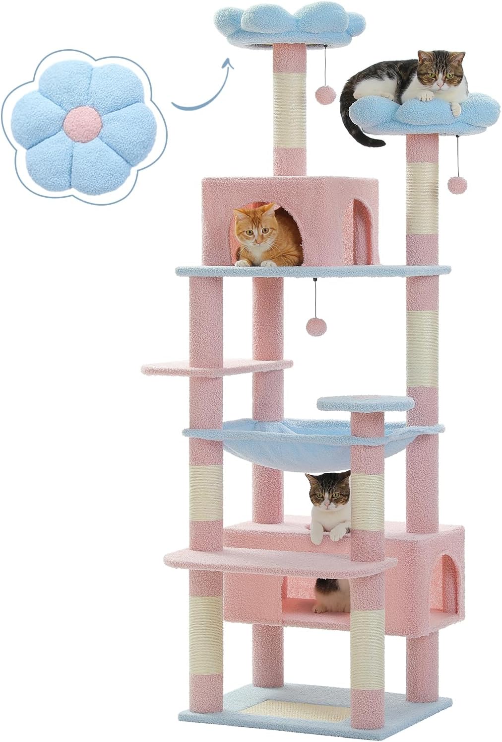 Flower Cat Tree, 72 Inches Large Cat Tower with Steel Frame Hammock and 7 Scratching Posts, Tall Cat Tree with 2 Condos and Perches for Large Indoor Cats - Blue