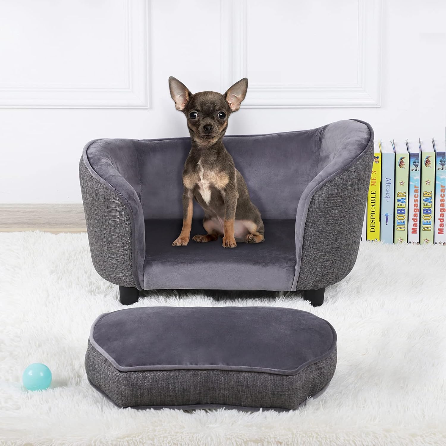 Pet Sofa Bed, Velvet & Linen Fabric Dog Couch with Washable Cushion for Small Dog Cat Gray (Gray) - Image 2