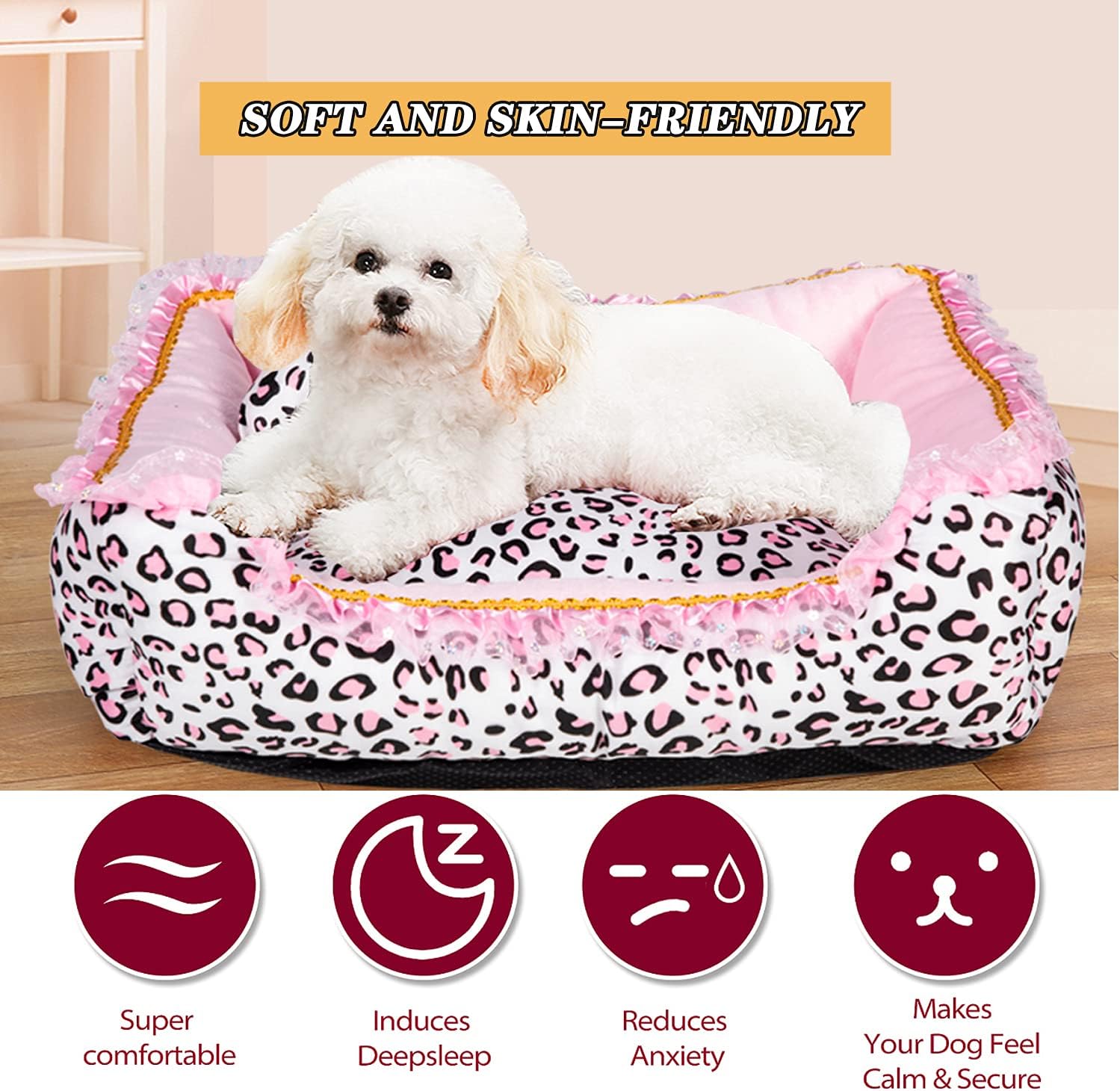 Dog Bed for Small Dogs - Cute Pink Leopard Dog Bed,Cat Beds for Indoor Cats Washable - Square Shape Cat Dog Sofa Bed Pet House Nest Cave(M, 20.8"L x 18"W x 5.5") - Image 2