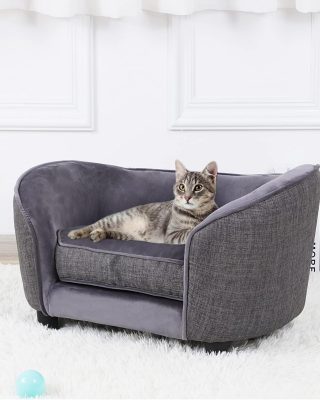 Pet Sofa Bed, Velvet & Linen Fabric Dog Couch with Washable Cushion for Small Dog Cat Gray (Gray)