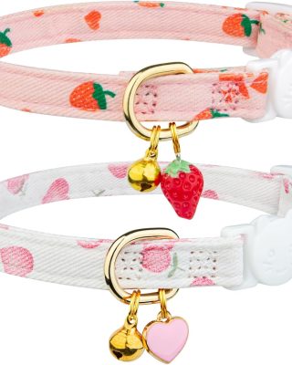 2 Pack Cotton Breakaway Cat Collar Pink Strawberries and White Heart Shaped Pendant Cute Kitten Cat Collar with Bell