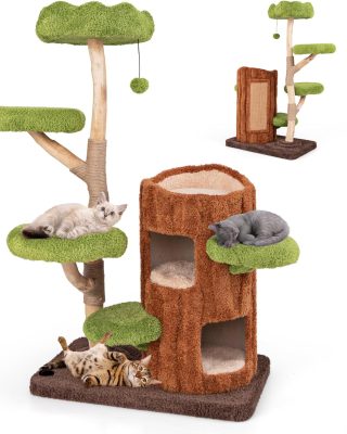 55 Inch Wood Cat Tree, Multi-Level Cat Tower with Double Decker Cat House, Scratching Posts and Sisal Board, Soft Padded Platforms, and Hanging Toy, Wooden Large Cat Tree Tower for Indoor Cats