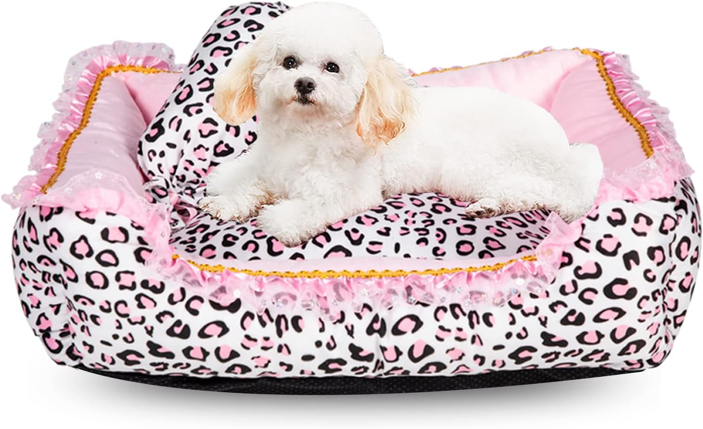 Dog Bed for Small Dogs - Cute Pink Leopard Dog Bed,Cat Beds for Indoor Cats Washable - Square Shape Cat Dog Sofa Bed Pet House Nest Cave(M, 20.8"L x 18"W x 5.5")