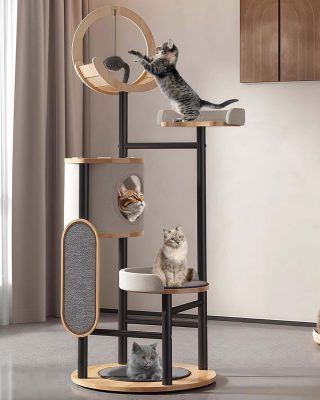 Cat Tree, 66In Cat Tower with Scratching Post, Tall Multi-Level Cat Houses for Indoor Cats Large Adult, Cute Cat Post Cat Condos with Dangling Ball,Plush Platform, Hammock, Big Cats Climbing Tower