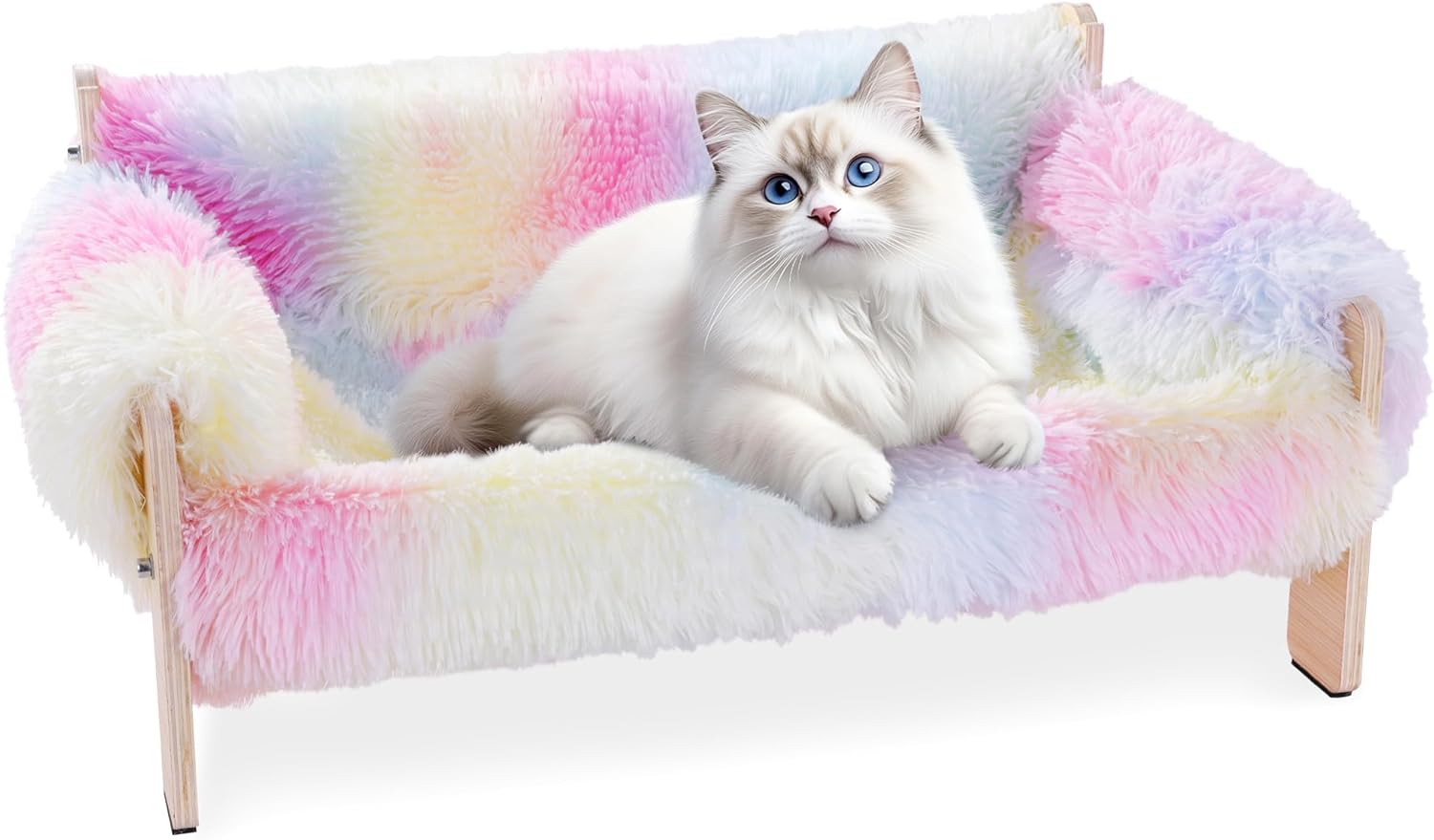 Plush Tie-Dye Cat Couch Bed, Pink Cat Sofa Bed Pet Sofa for Indoor Cats, Wooden Elevated Pet Sofa Bed Cat Chair for Kitty, Puppy or Small Animal