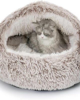 Plush Hooded Cat Bed, Calming Nest, Self-Warming Cave, Cozy Pod for Indoor Cats or Small Dogs, Removable Washable Cove With Non-Slip Bottom