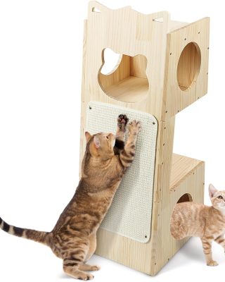 Cat Tower Scratcher, Cat House with Scratching Pad Horizontal Vertical Solid Wooden Cat Tree Furniture with Creative Cat House Condo for Indoor Cats Sunbathing, Relaxing and Sightseeing