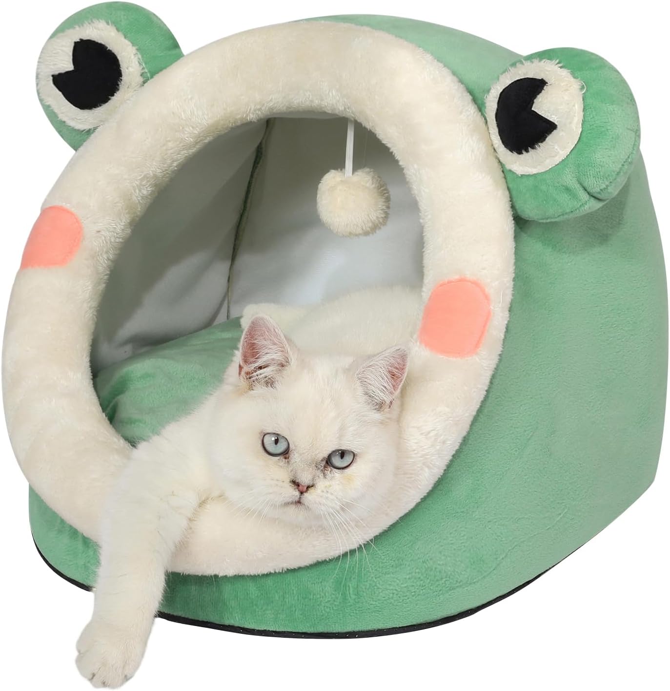 Cute Cat Bed, Indoor Lovely Velvet Igloo for Cat and Small Dog, Warm Cave Sleeping Nest Bed for Puppy and Kitten, Green Frog, M
