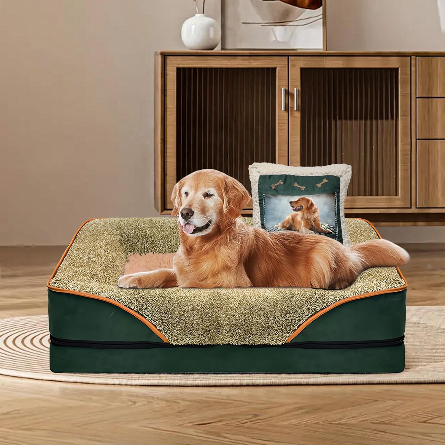 Large Dog Sofa Bed with Pillow, Orthopedic Pet Bed Elevated Couch with Removable Washable Cover Green 40x24x6.5 in