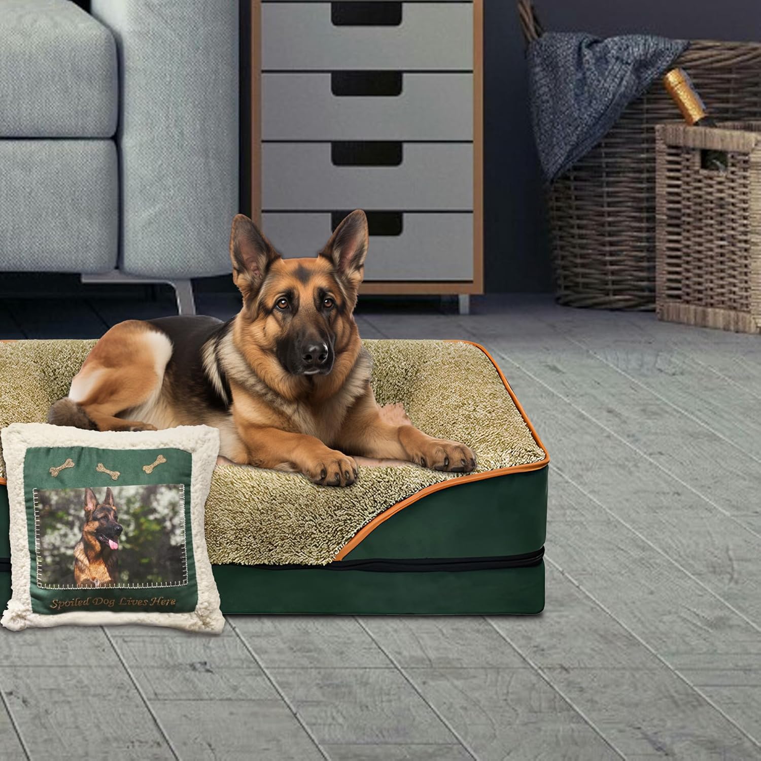 Large Dog Sofa Bed with Pillow, Orthopedic Pet Bed Elevated Couch with Removable Washable Cover Green 40x24x6.5 in - Image 2