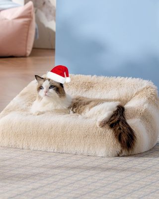 Cute Cat Couch Bed - Furry Indoor Cat Sofa Large, Washable Calming Small Dog Beds for Puppy with Fashion Design, 26x21x9inches, Beige Stripe