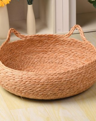2026 Woven Straw Cat Bed,Round Breathable Woven Basket Cattery,Cat's Ears Shaped Handmade Wicker Pet Bed for Cats & Dogs,Scratch-Proof Scratching Board Pet Nest,Comfortable for All Seasons (S)