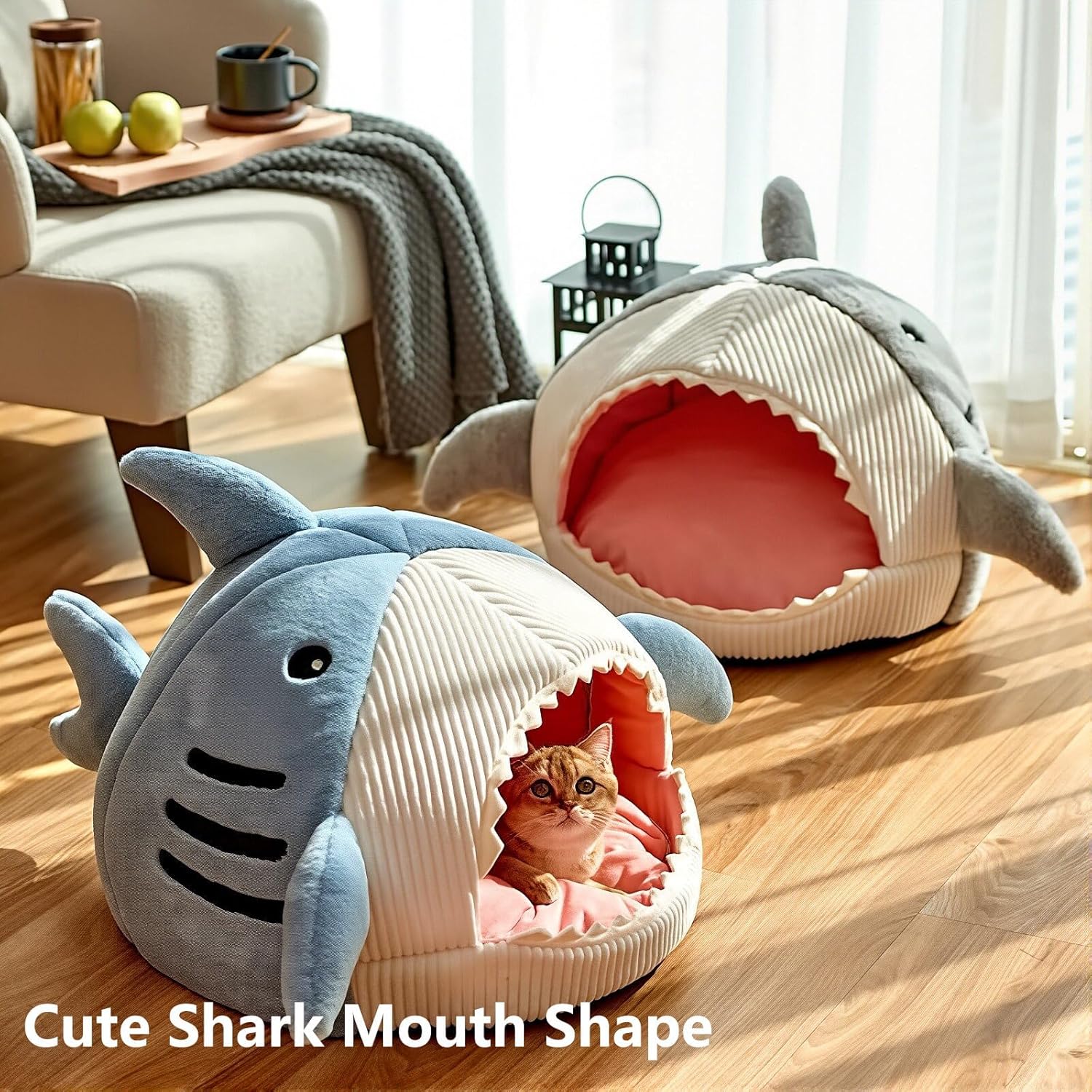 Shark Cat Beds, 2026 New Cute Winter Warm Soft Shark Mouth Pet Bed Cave,Covered Shark Heads Shaped Indoor Pet Nest for Cats, Small Dogs (Blue,L:for24 lbs cat) - Image 2