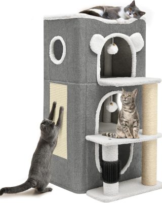 3-Tier Cat House, Cat Beds for Indoor Cats, Modern Cat Condo with Highway Cave, Scratch & Itching Post, Climbing Stand, Cat Cube Playhouse for Multi Kittens, Grey