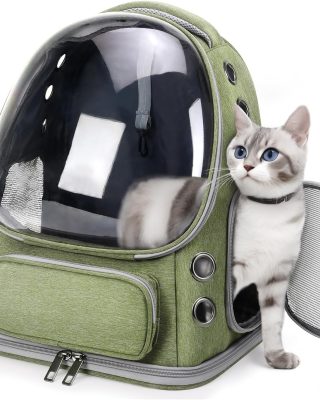 Breathable Cat Backpack Carrier, Large Space Cat Bubble Backpack for Kitty & Small Dog up to 18lbs, Foldable Cat Carrier Backpack, Transparent Airline Approved Carrier for Travel (Green)