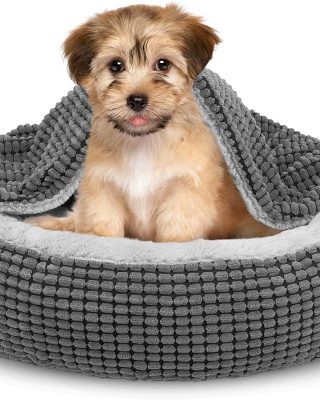 Small Dog Bed with Attached Blanket, Cozy Donut Cuddler Anti-Anxiety Hooded Pet Beds Calming Cave Bed. Orthopedic Round Puppy Beds for Dogs or Cats Washable, Anti-Slip Bottom, 23inch