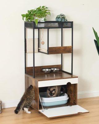 Cat Furniture Cabinet, Cat Tower, Cat Litter Box Enclosures with Cat Tree Tower, Cat Climbing Frame, Cat Furniture, Cat Cabinet (White+Vintage)