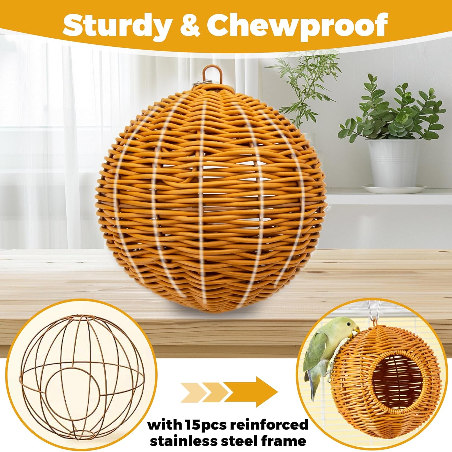 Chewproof Steel Frame Bird Nest for Cage, Washable Small Bird Bed Hammock Hideout Lay Eggs Parakeet Nest Sleep, Parakeet Warm Bed House Hut for Lovebird, Canary, Budgie, Finch (Brown) - Image 2
