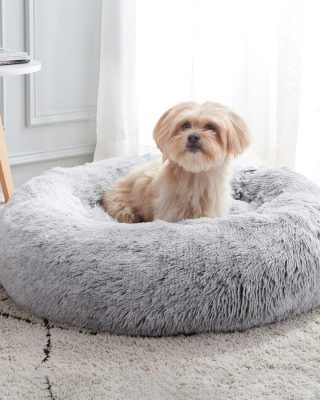 Calming Soft Round Dog & Cat Bed, Anti-Anxiety Donut Cuddler Warming Cozy Fluffy Faux Fur Plush Cushion Bed for Small Medium Dogs and Cats (20"/24"/27"/30"), Light Grey